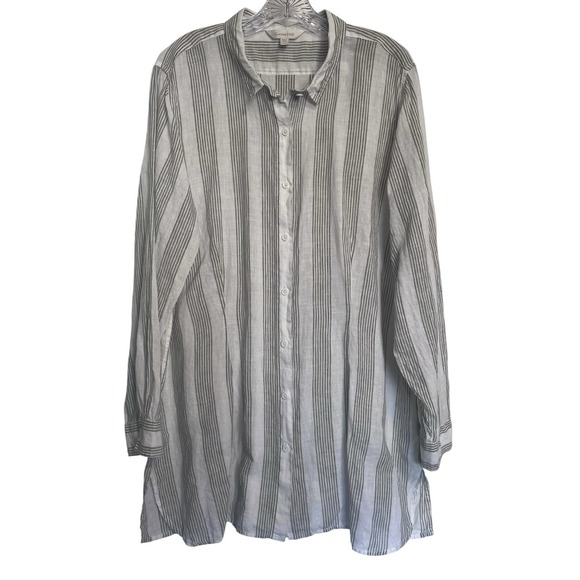 Garnet Hill Tops - GARNET HILL Sz L 100% Linen Shirt Button Up Tunic White Green Stripe Coastal